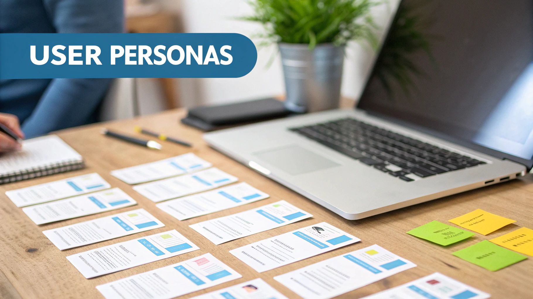 User persona cards, a laptop, and notes on a wooden desk, emphasizing UX design.
