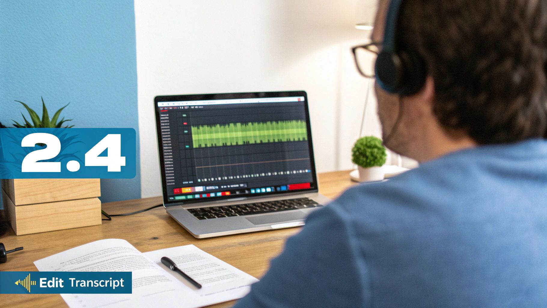 A person with headphones works on a laptop displaying audio waveforms and a text document, likely transcribing.