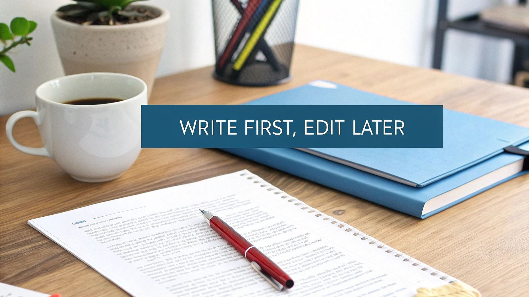A writing desk with a coffee cup, plant, pen, papers, notebooks, and 'WRITE FIRST, EDIT LATER' text.