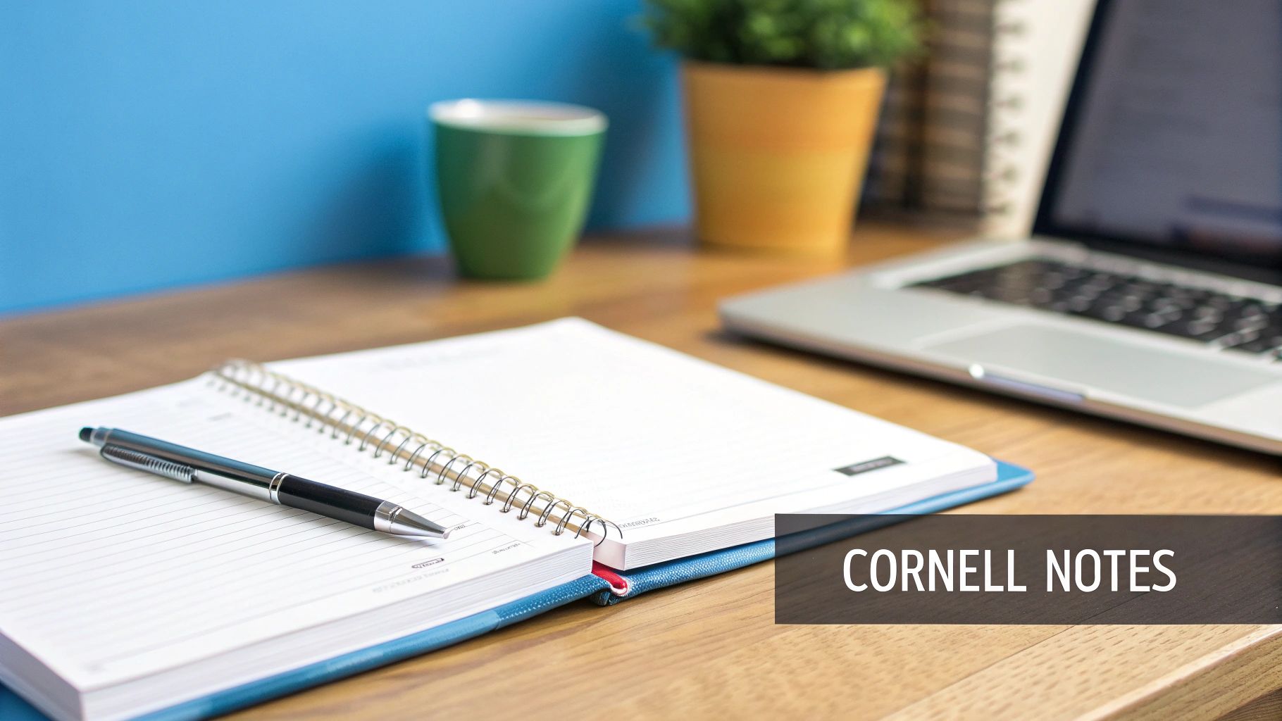 An open spiral notebook with a pen on a wooden desk, alongside a laptop, cup, and plant.