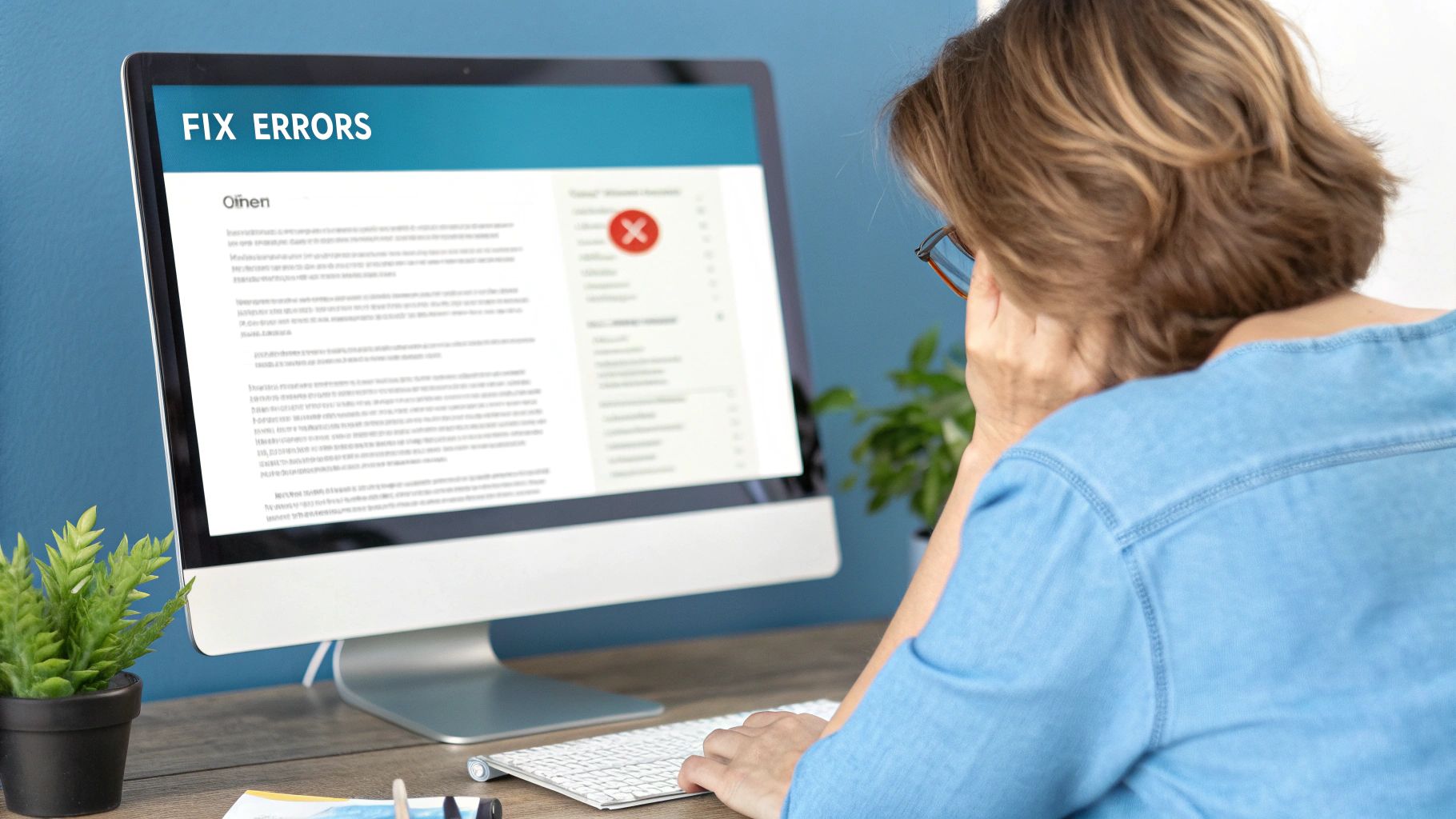 A person looking at a Google Doc on a laptop, using a finger to point at a word on the screen, indicating a correction.