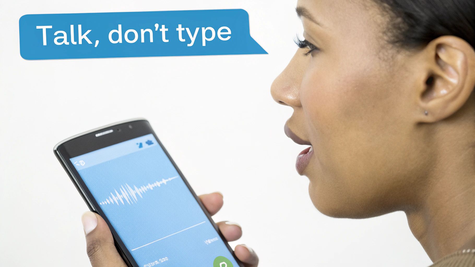 A woman speaks into a smartphone displaying a voice waveform with 'Talk, don't type' bubble.
