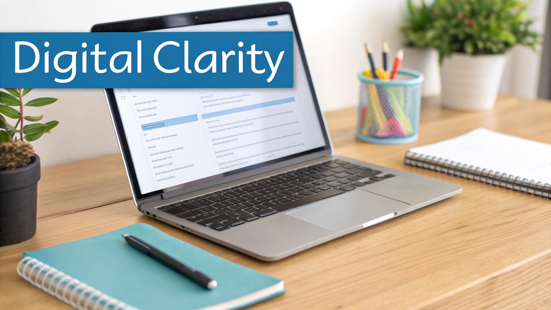 A modern workspace with a laptop displaying 'Digital Clarity' on screen, alongside notebooks, pens, and plants.