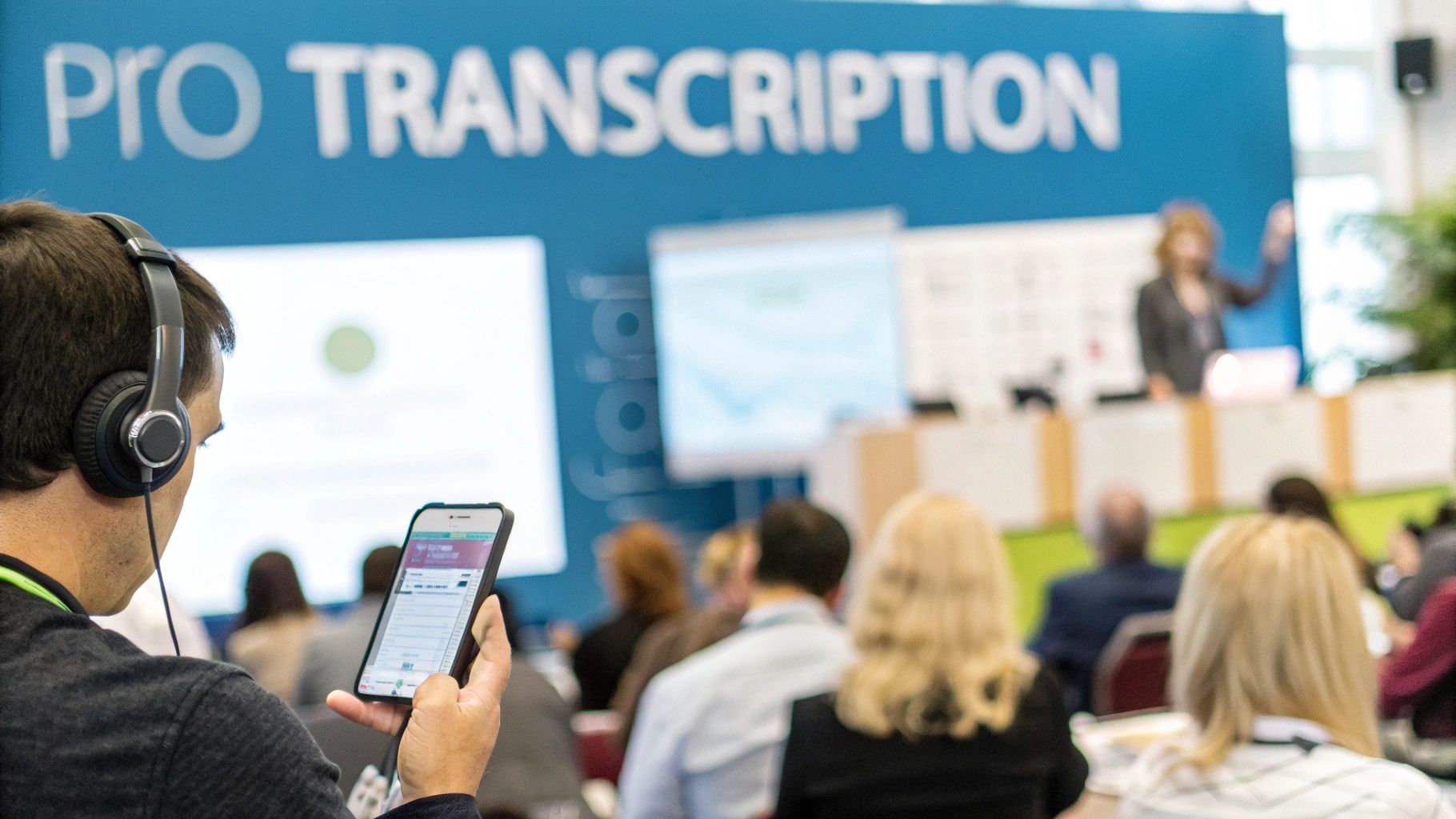 A person speaking into their iPhone, with an app open that is transcribing their words into text.