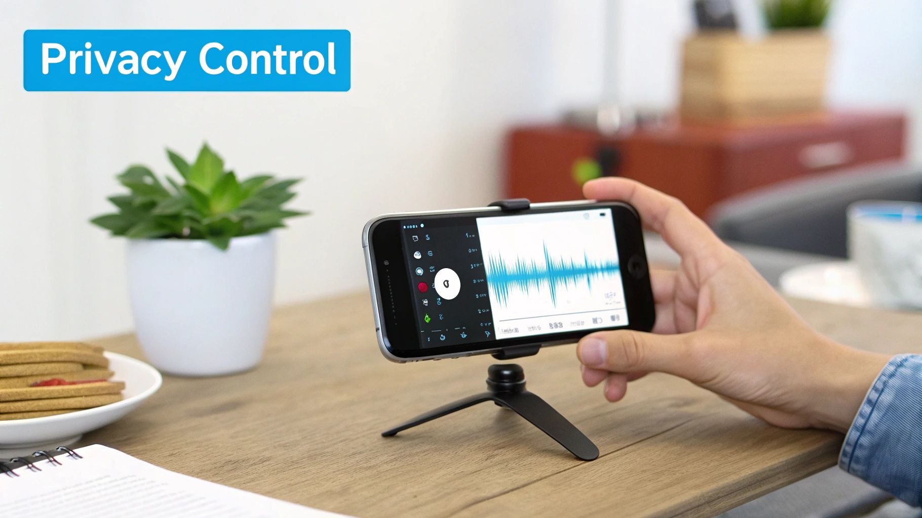 A hand holds an iPhone on a mini-tripod, displaying an audio waveform app with 'Privacy Control' text.