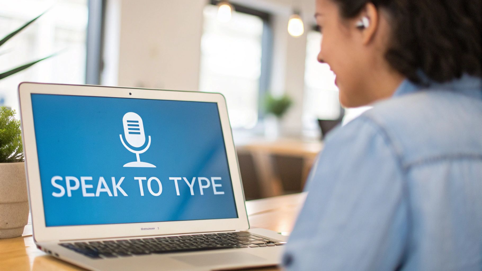 A person comfortably speaking into a microphone to type on their Mac laptop.