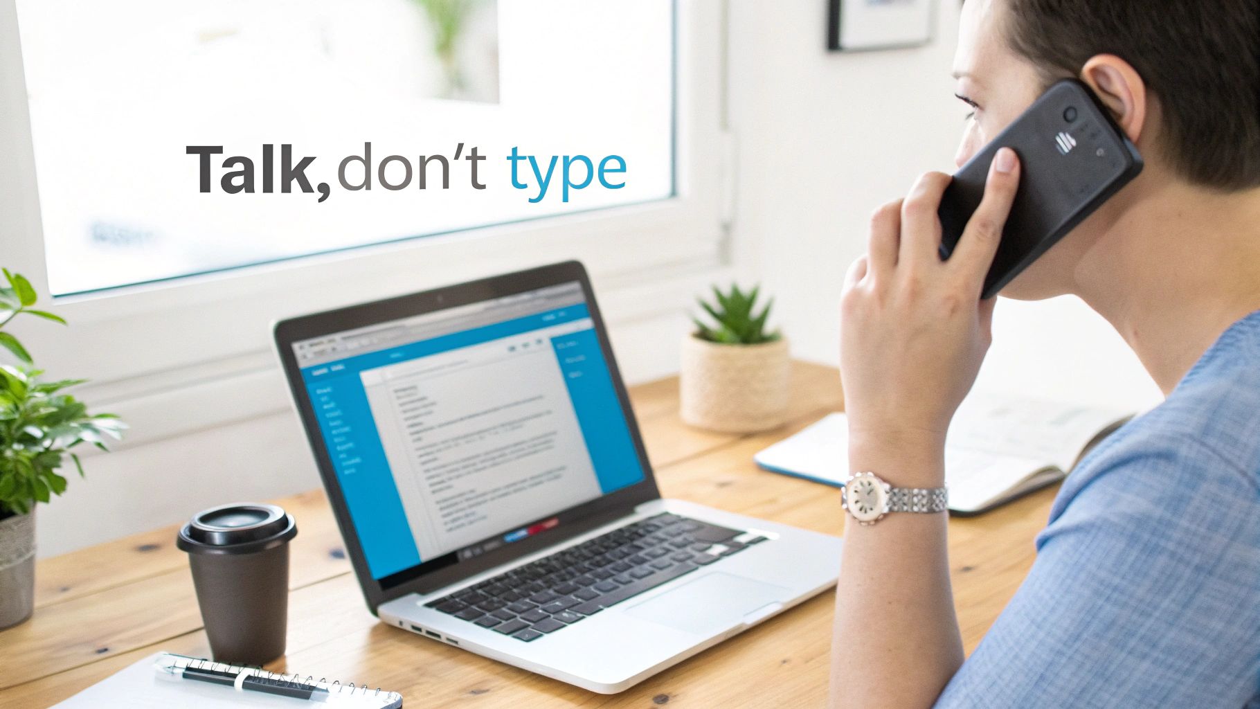 A woman talks on a smartphone next to a laptop with 'Talk, don't type' overlaid, suggesting voice communication.