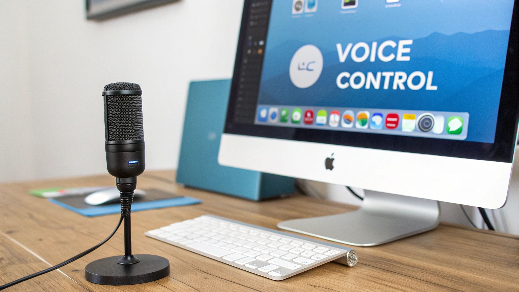 A black USB microphone sits next to an Apple iMac computer displaying "Voice Control".