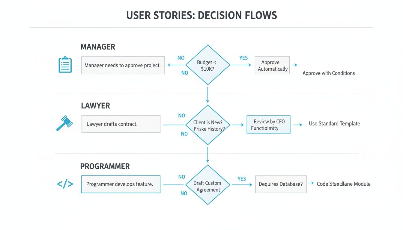 Flowchart illustrating decision processes for managers, lawyers, and programmers based on specific conditions.