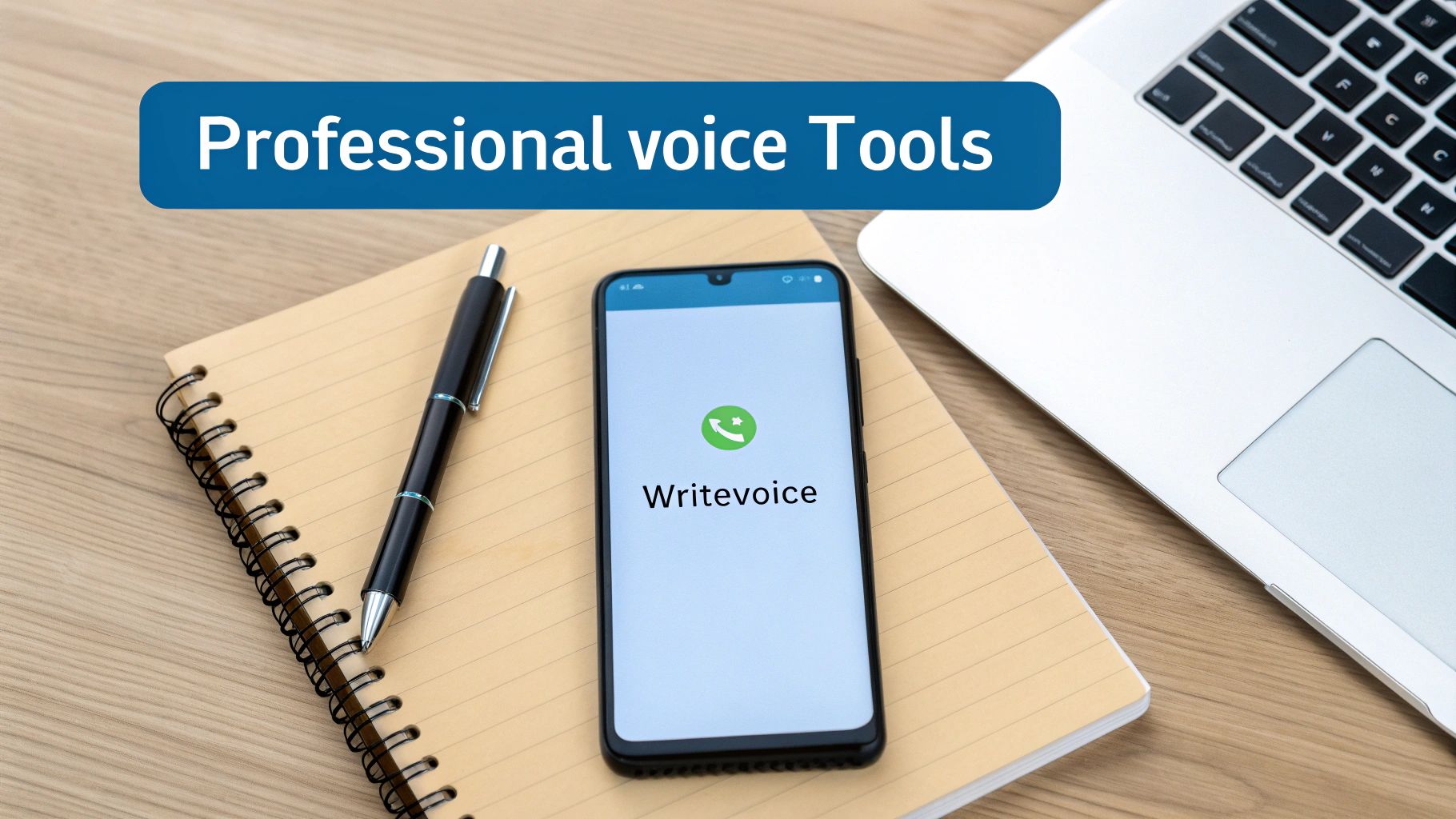 Smartphone displaying 'Writevoice' app, pen, notebook, and laptop on a desk, promoting professional voice tools.