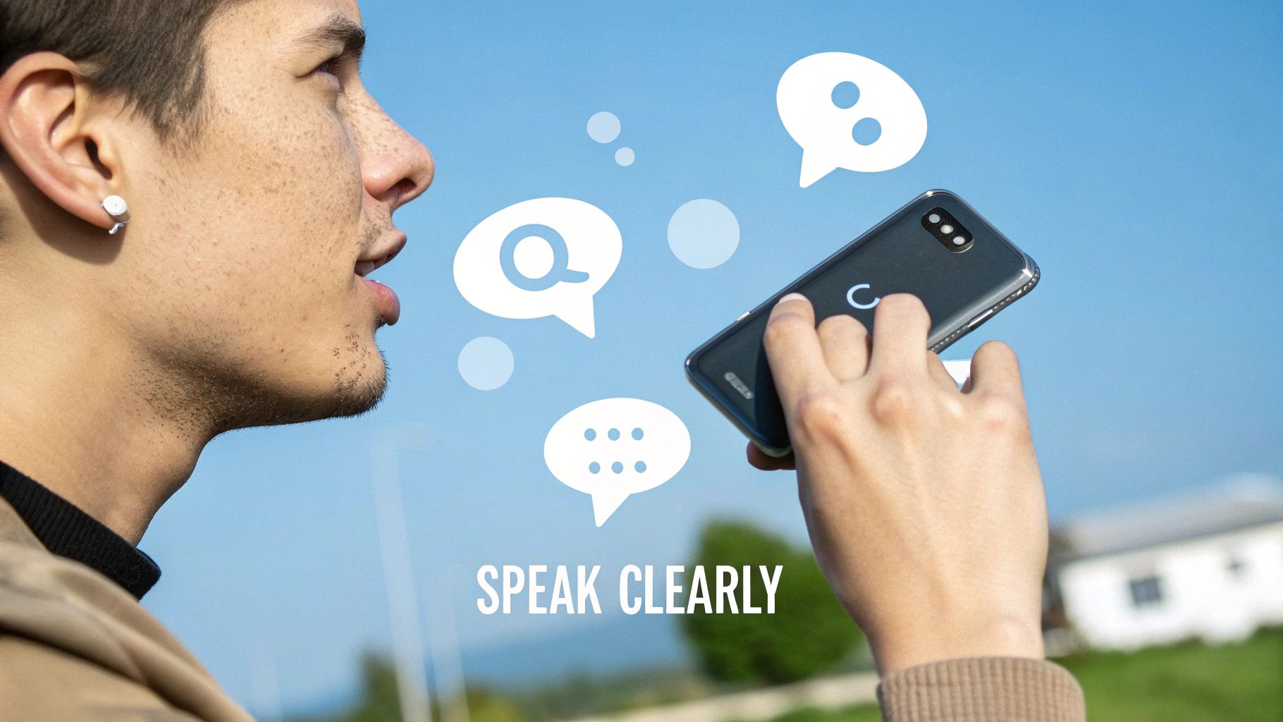 A person dictates clearly into a smartphone, demonstrating speech-to-text functionality with voice bubbles.