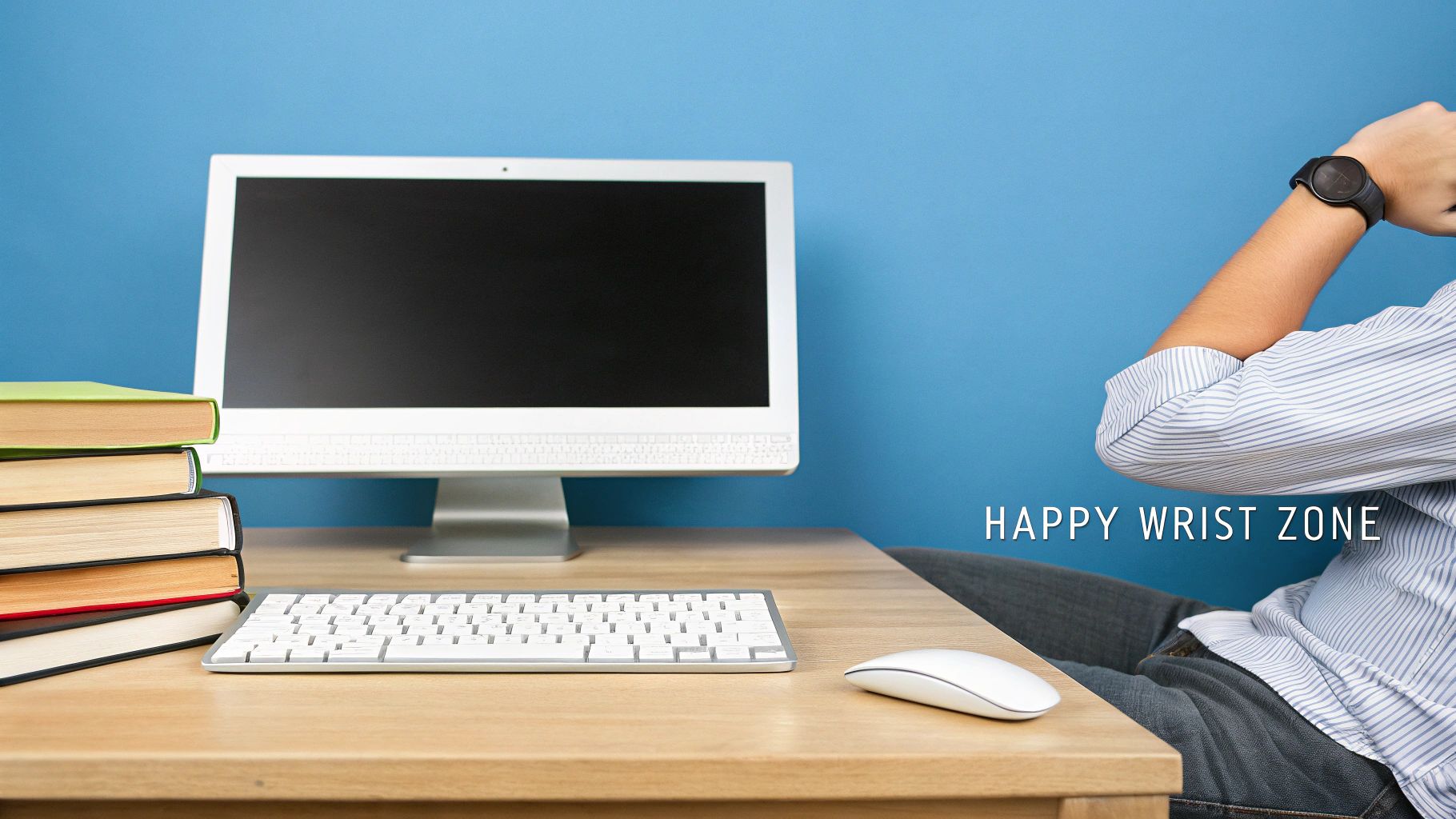 A person stretches their wrist at a modern computer desk with a keyboard, mouse, and books, promoting wrist health.