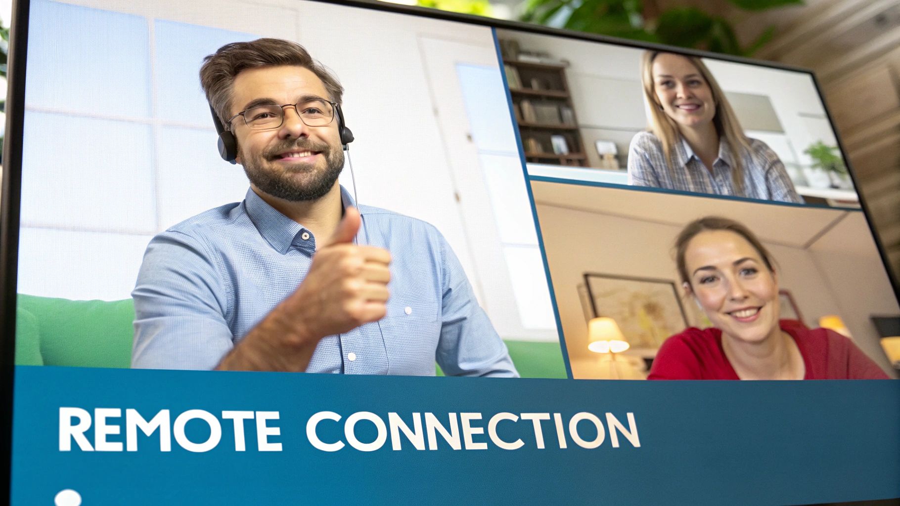 Three people connect on a video call, with a man giving a thumbs-up on a screen displaying 'REMOTE CONNECTION'.