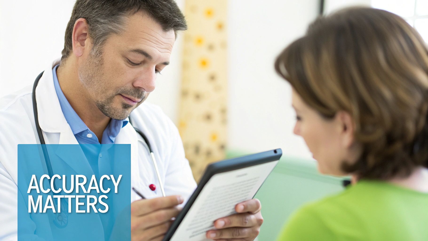 A person pointing at a screen showing soundwaves turning into text, emphasizing the importance of accuracy.