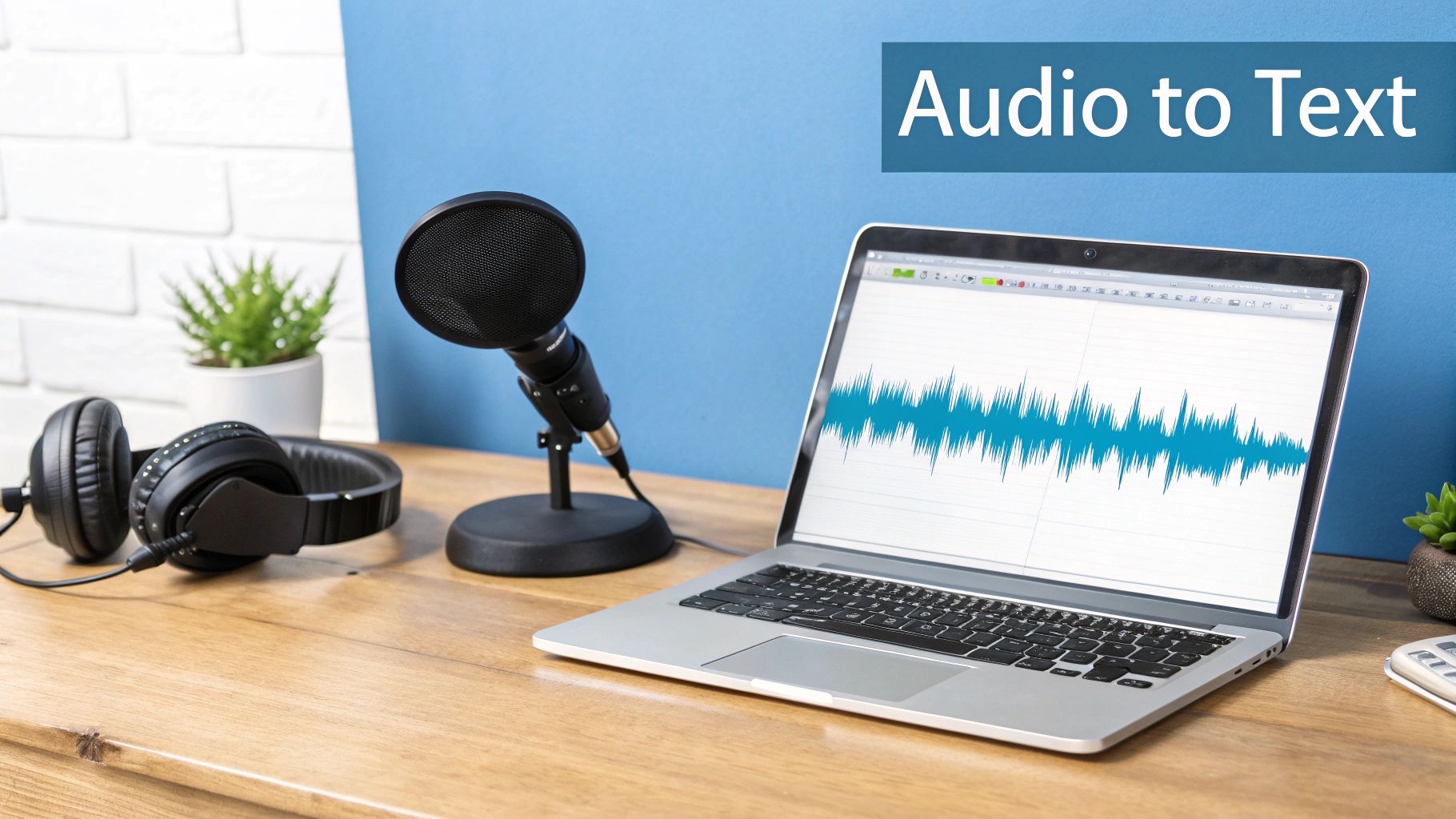 A podcasting setup with a microphone, headphones, and a laptop showing an audio waveform for transcription.