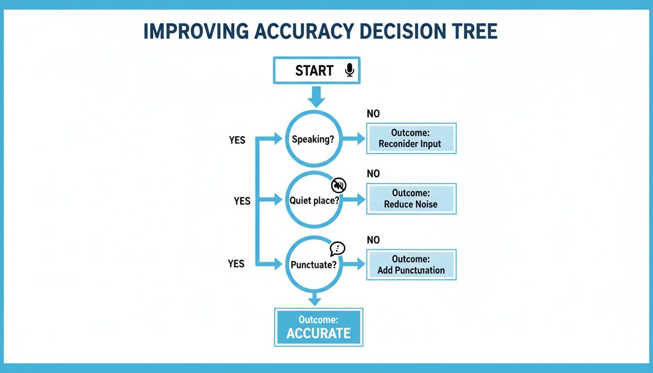 A flowchart titled 'Improving Accuracy Decision Tree' guiding users on achieving accurate voice-to-text results.