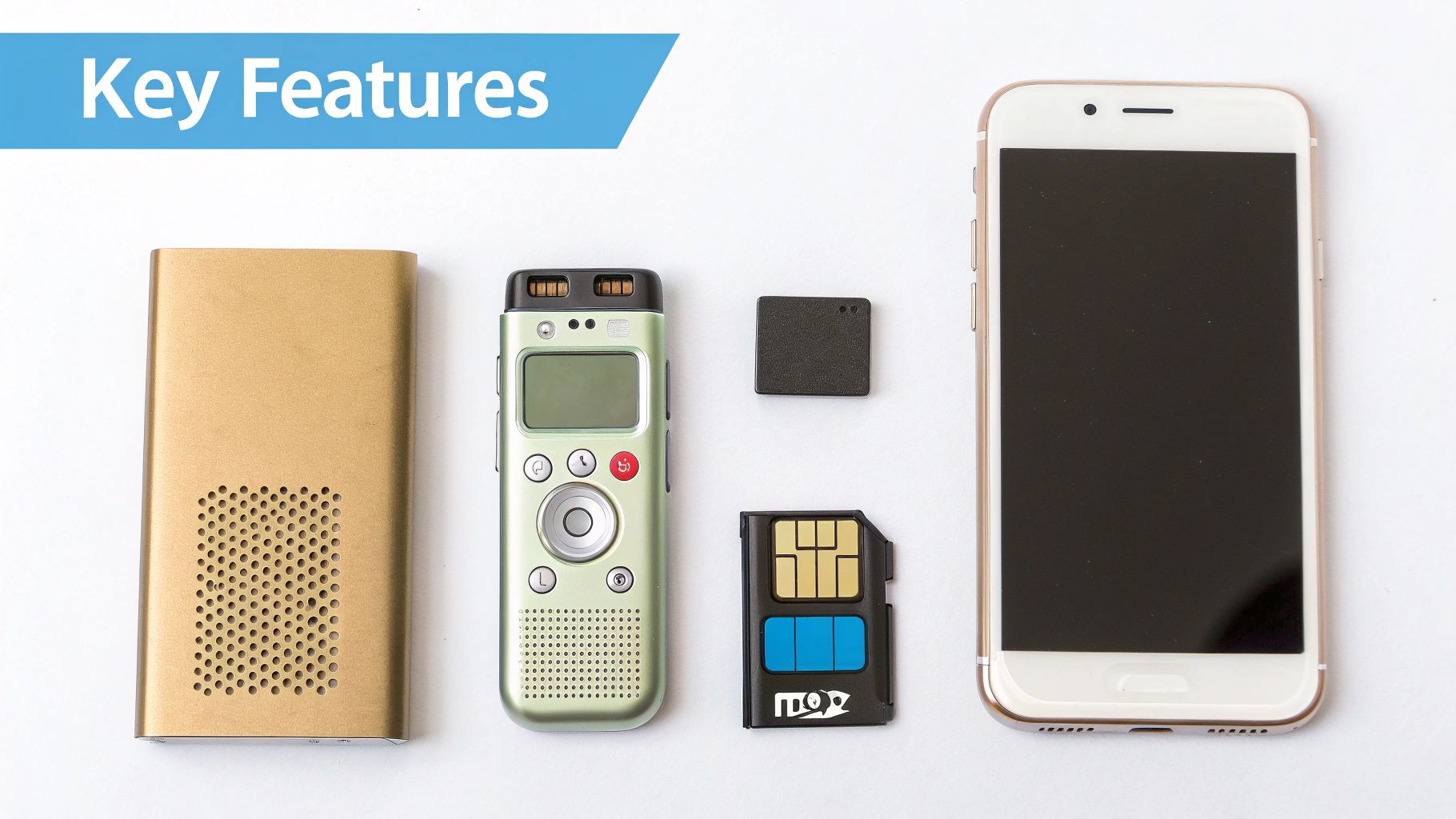 A flat lay of various voice recording devices, a SIM card adapter, and a smartphone, highlighting key features.