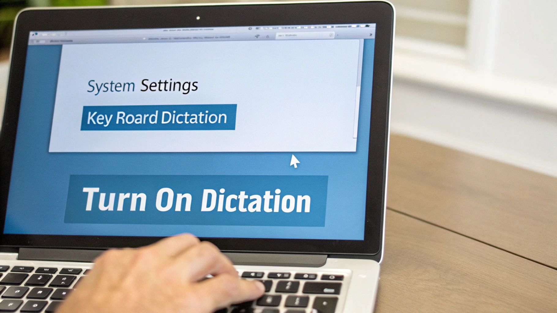 A screenshot of the Mac System Settings showing the Keyboard section with the Dictation option highlighted.