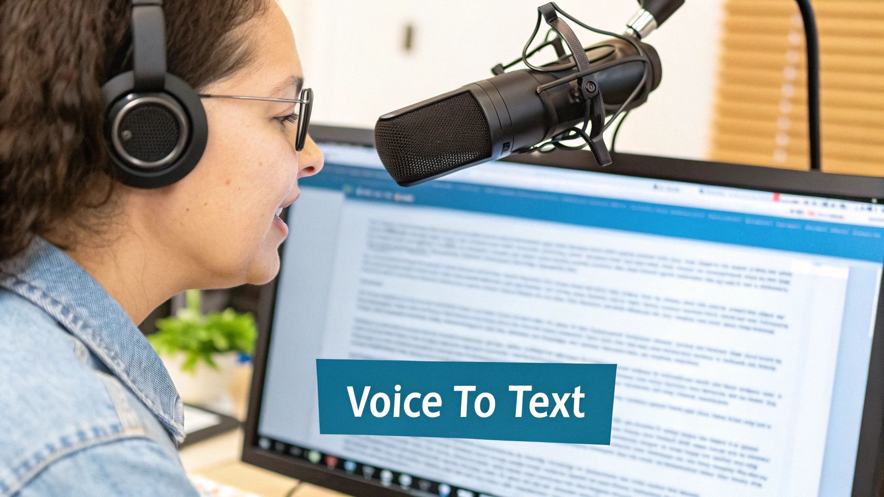 A person dictating into a microphone connected to their laptop with Microsoft Word open.