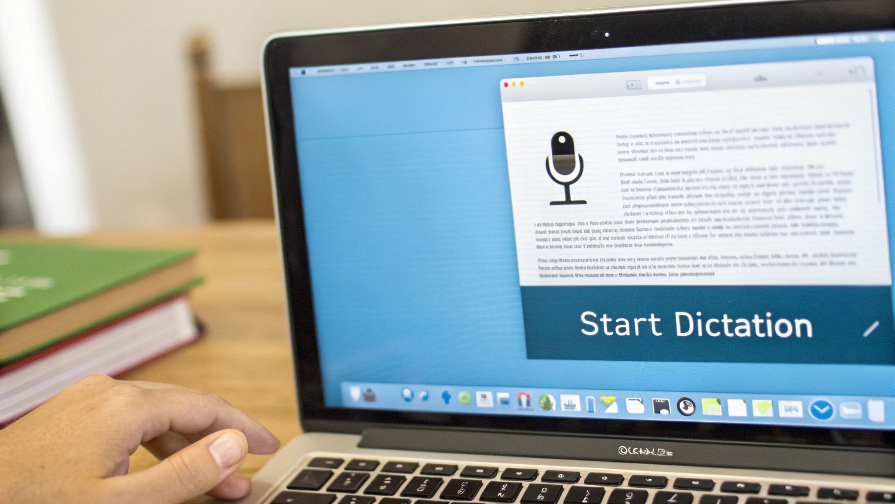 A person's hand near a MacBook keyboard, with the screen displaying a voice dictation interface.
