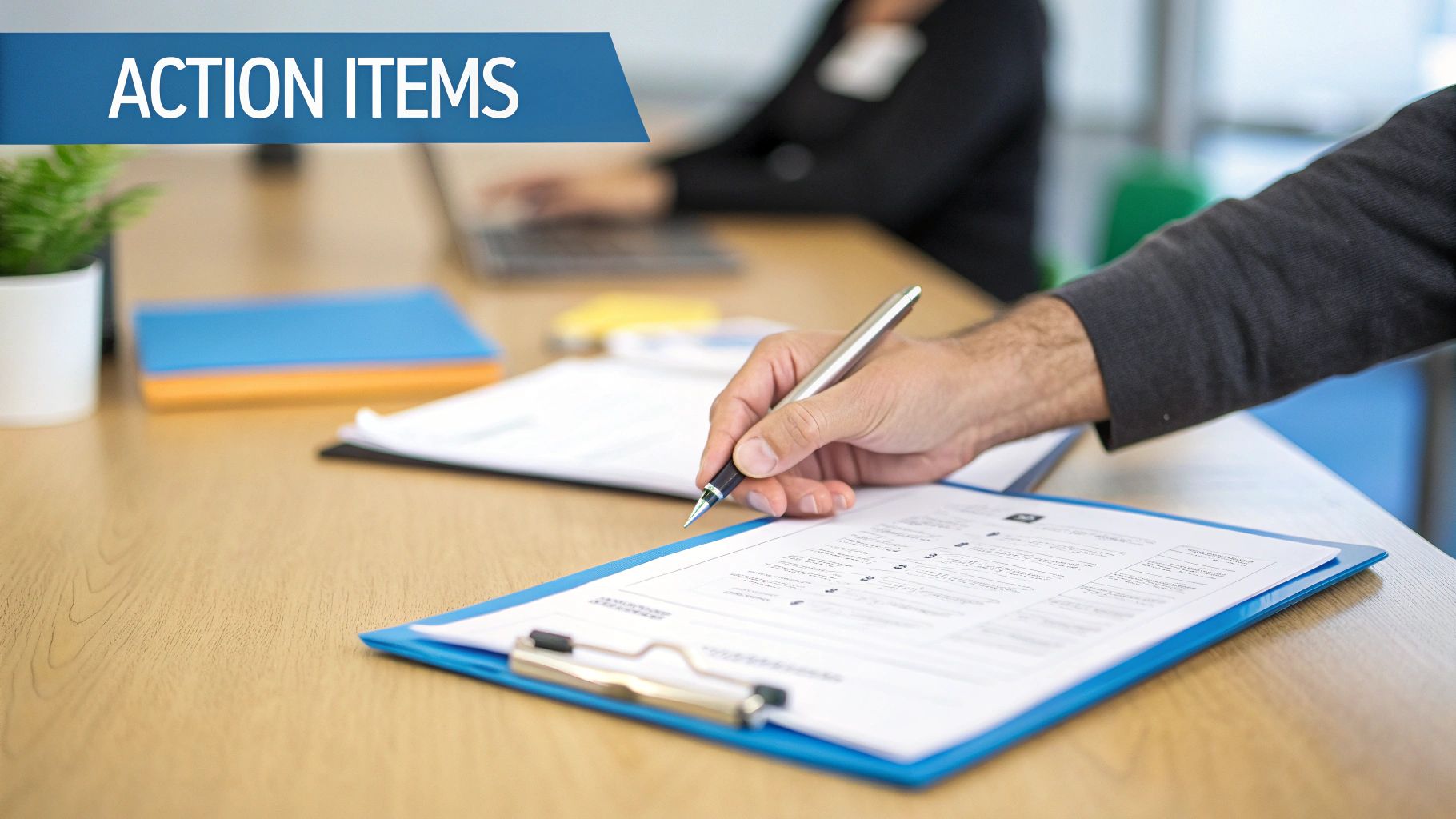 A person writes on a document on a clipboard, with 'ACTION ITEMS' prominently displayed.