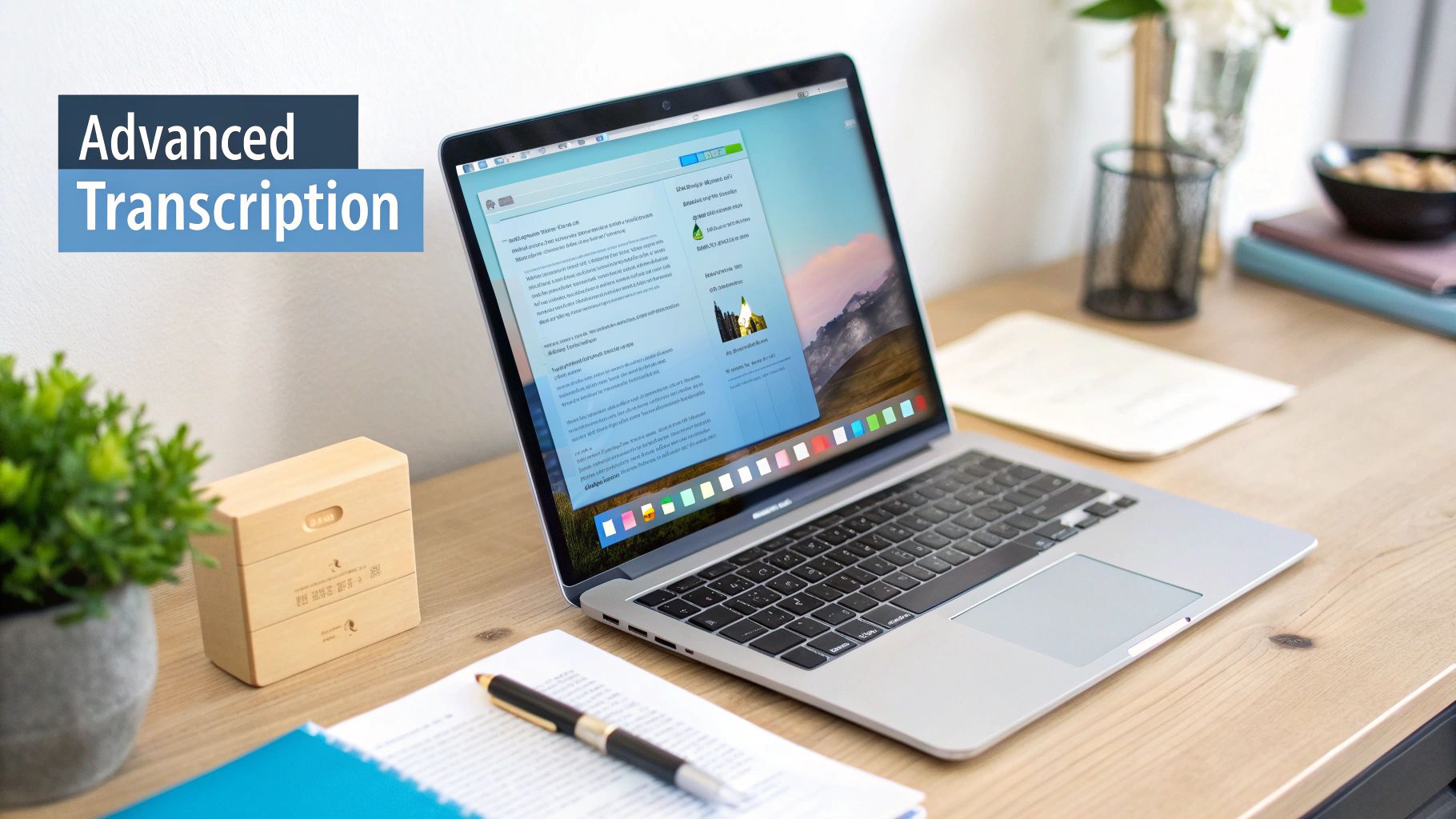 A laptop on a wooden desk displaying a document, with a notepad, pen, and plant, featuring an 'Advanced Transcription' overlay.