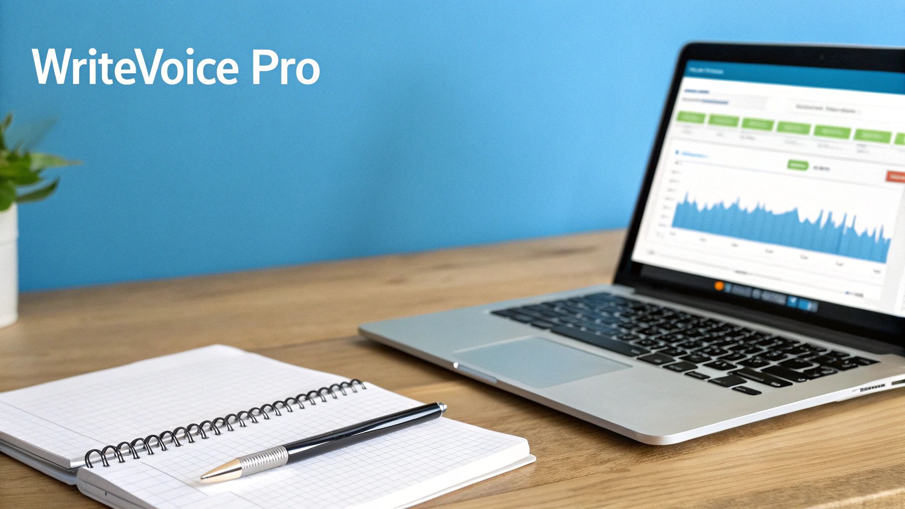 A laptop displaying data graphs, a notebook, and a pen on a wooden desk. Text: WriteVoice Pro.