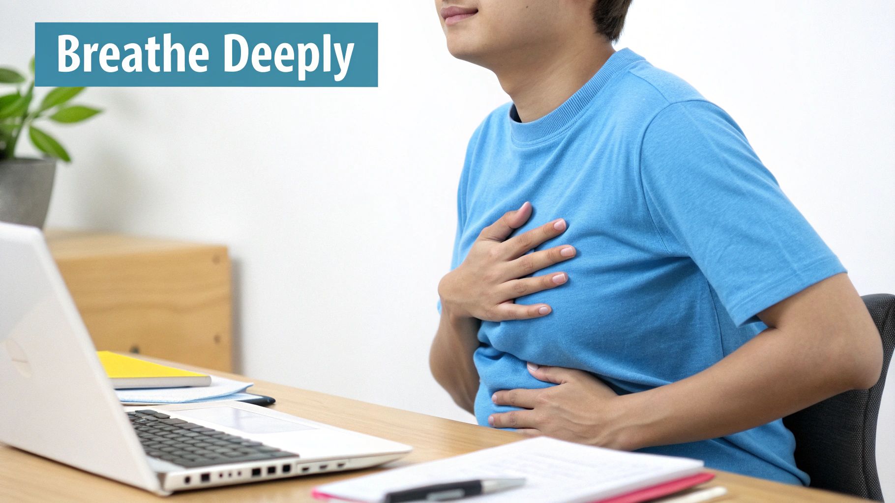 A person in a blue shirt practices deep breathing at a desk with a laptop.