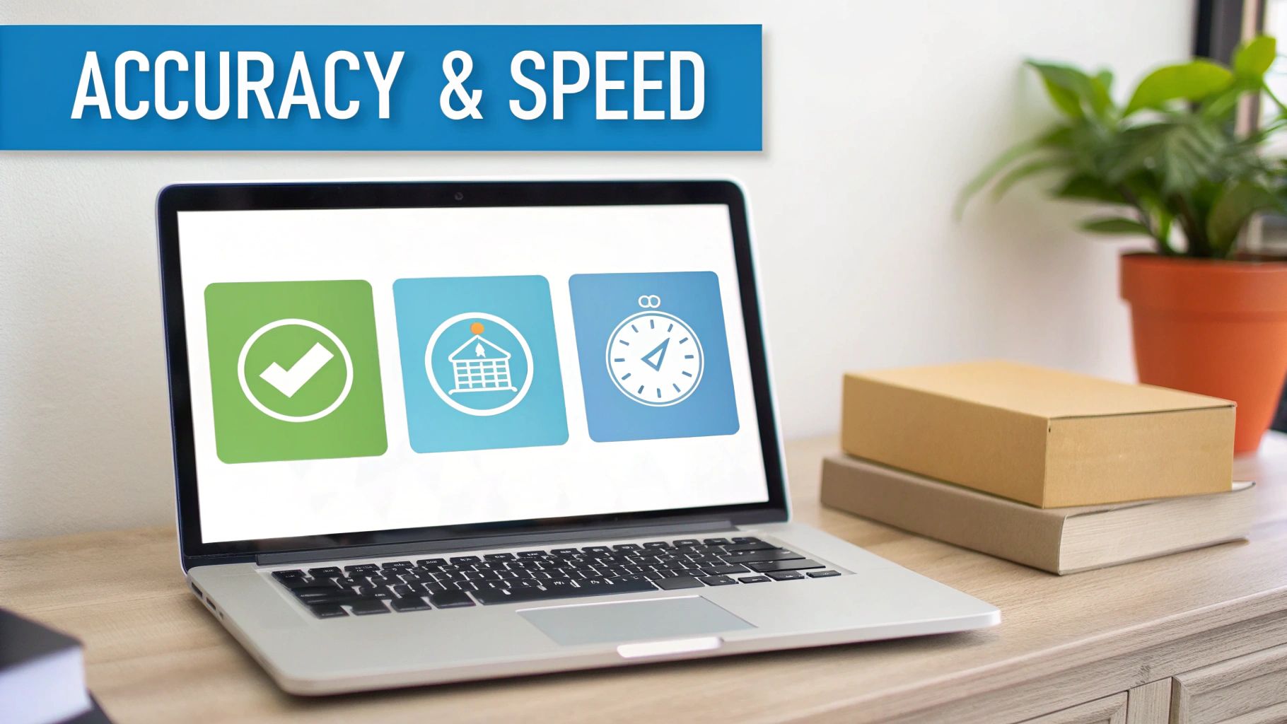 A laptop displays 'ACCURACY & SPEED' banner and icons for checkmark, basket, and stopwatch.