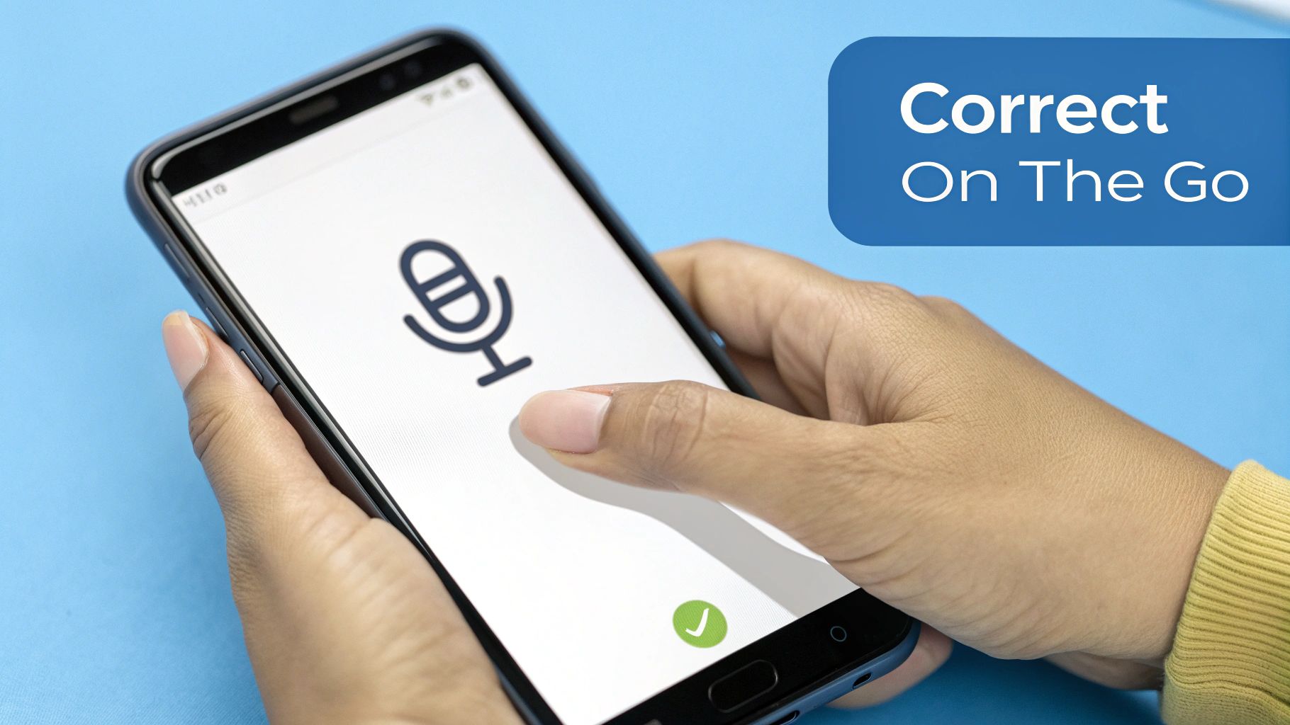 An iPhone keyboard with the microphone icon highlighted and an example of a voice text being corrected.