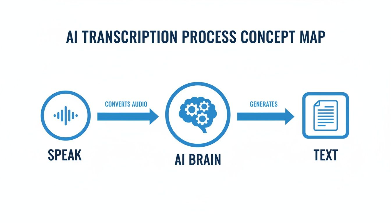 A concept map illustrates the AI transcription process from spoken audio to generated text.