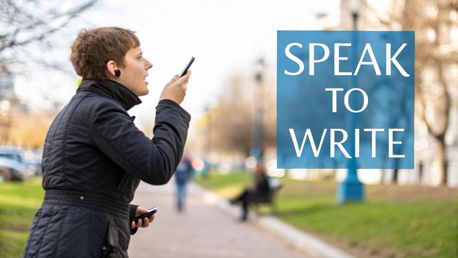 A person dictates into a smartphone outdoors, with a 'Speak to Write' graphic overlay.