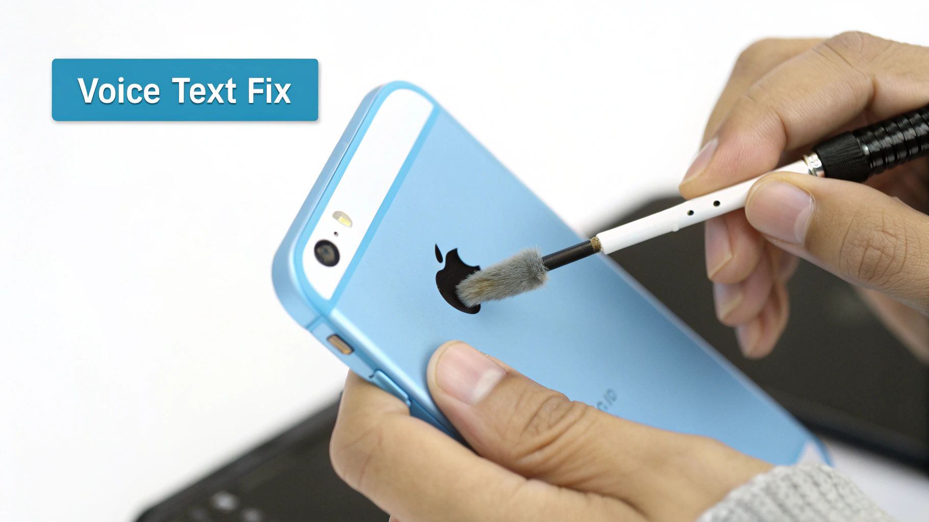 A person looking at their iPhone with a concerned expression, with icons for settings, Wi-Fi, and a microphone nearby.