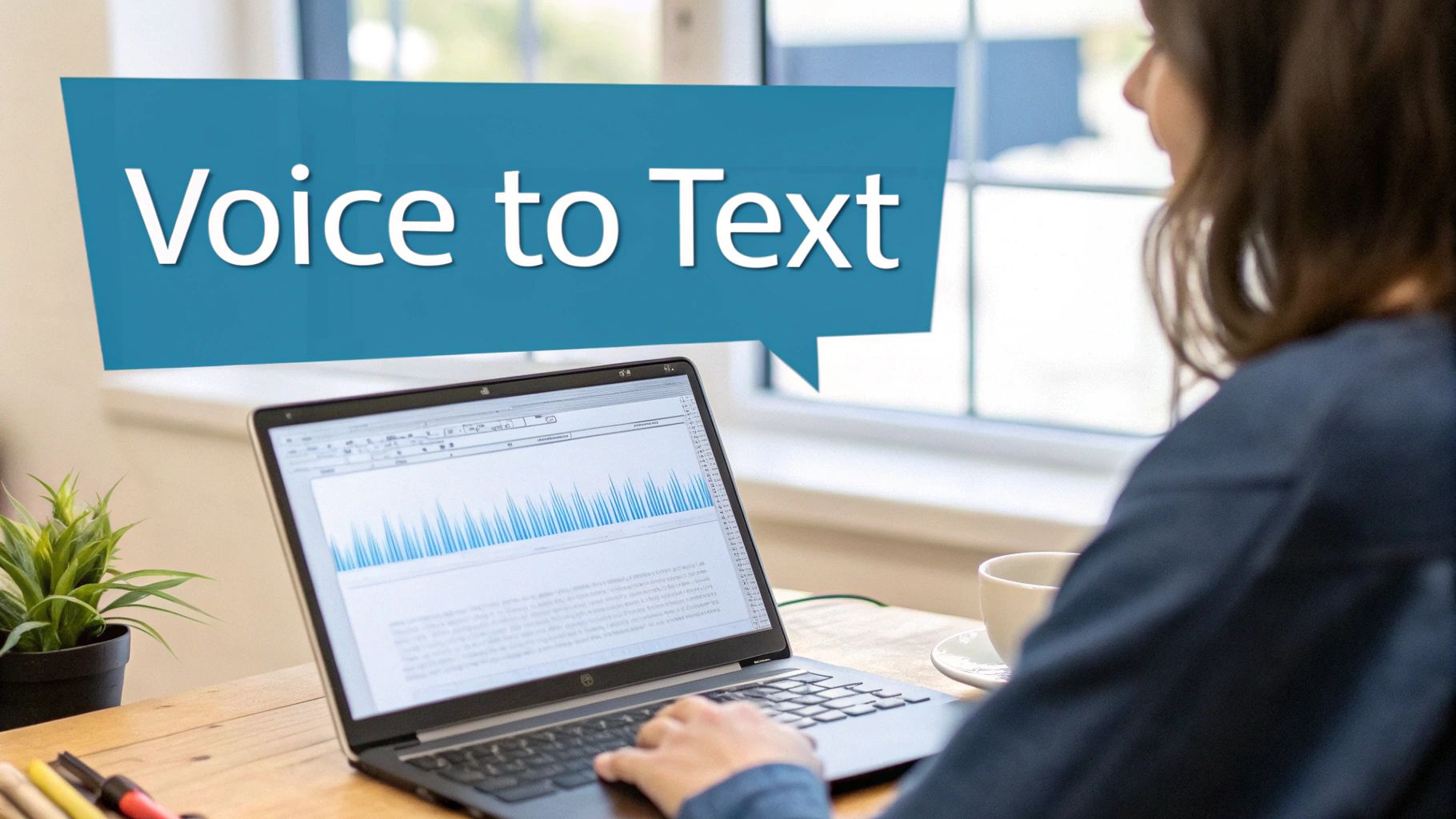 A person types on a laptop with a 'Voice to Text' speech bubble overlay, demonstrating speech recognition.