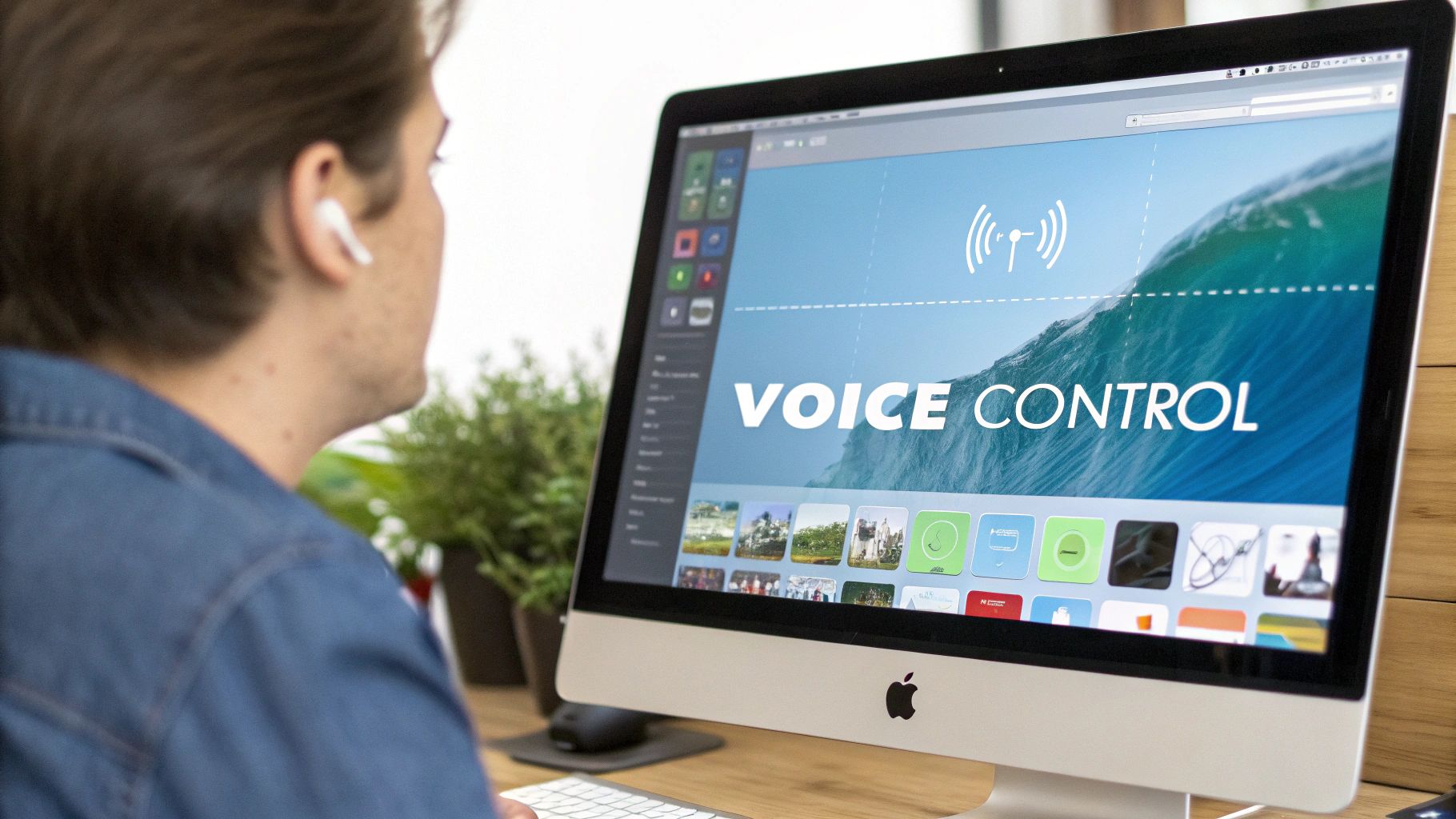 A man wearing an earbud uses an Apple iMac displaying 'Voice Control' over a wave background.