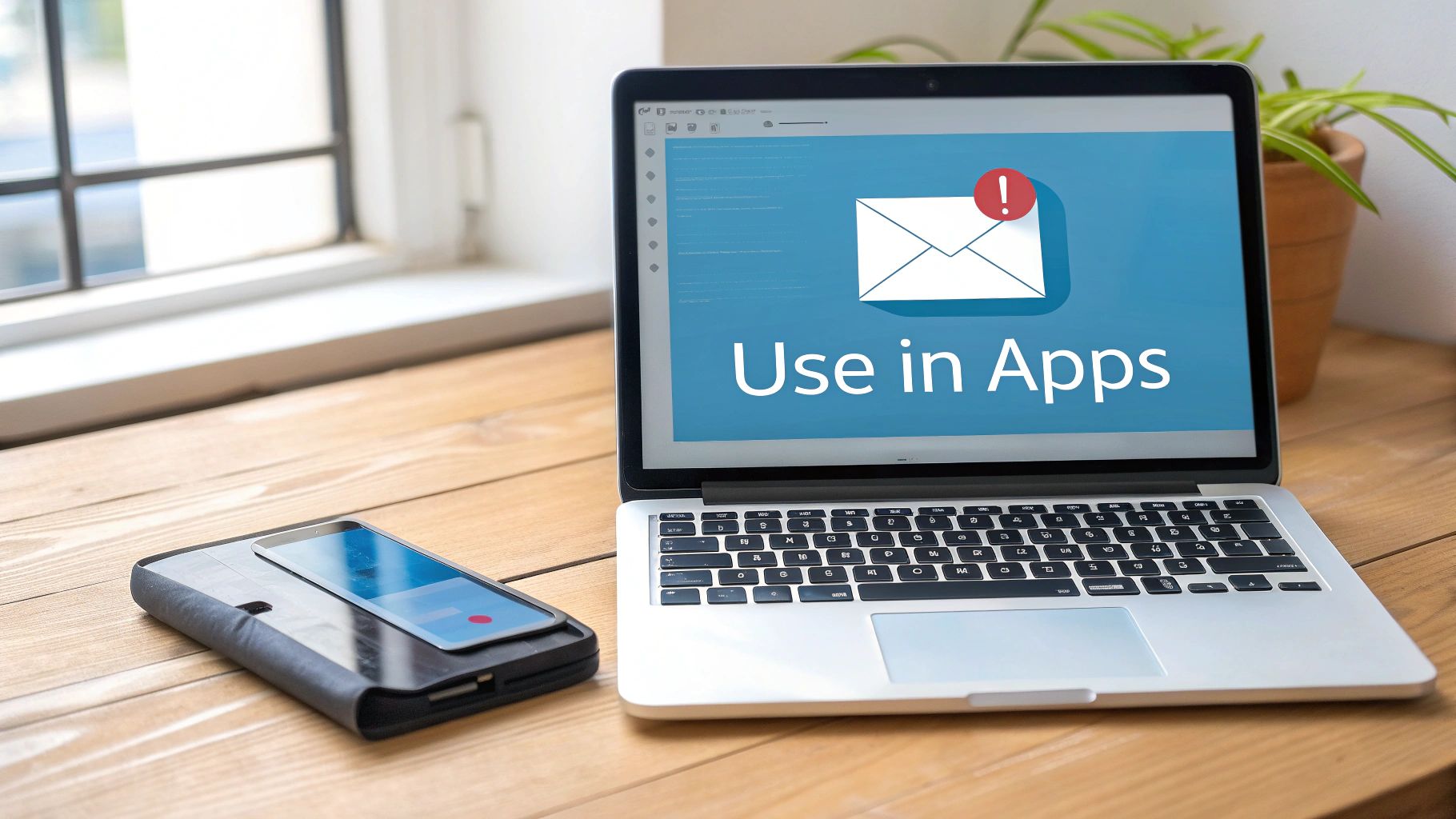 A laptop on a wooden desk shows an email icon and 'Use in Apps' on screen, with a phone nearby.