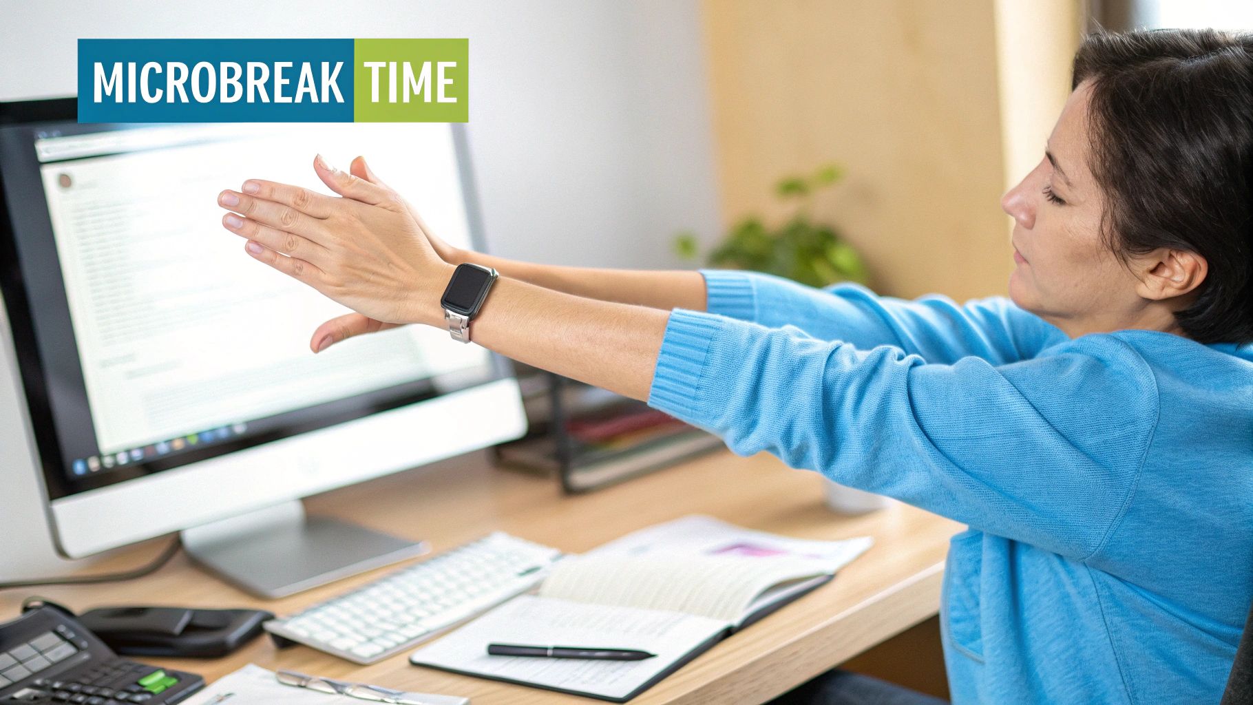 A person stretching their neck gently at their desk