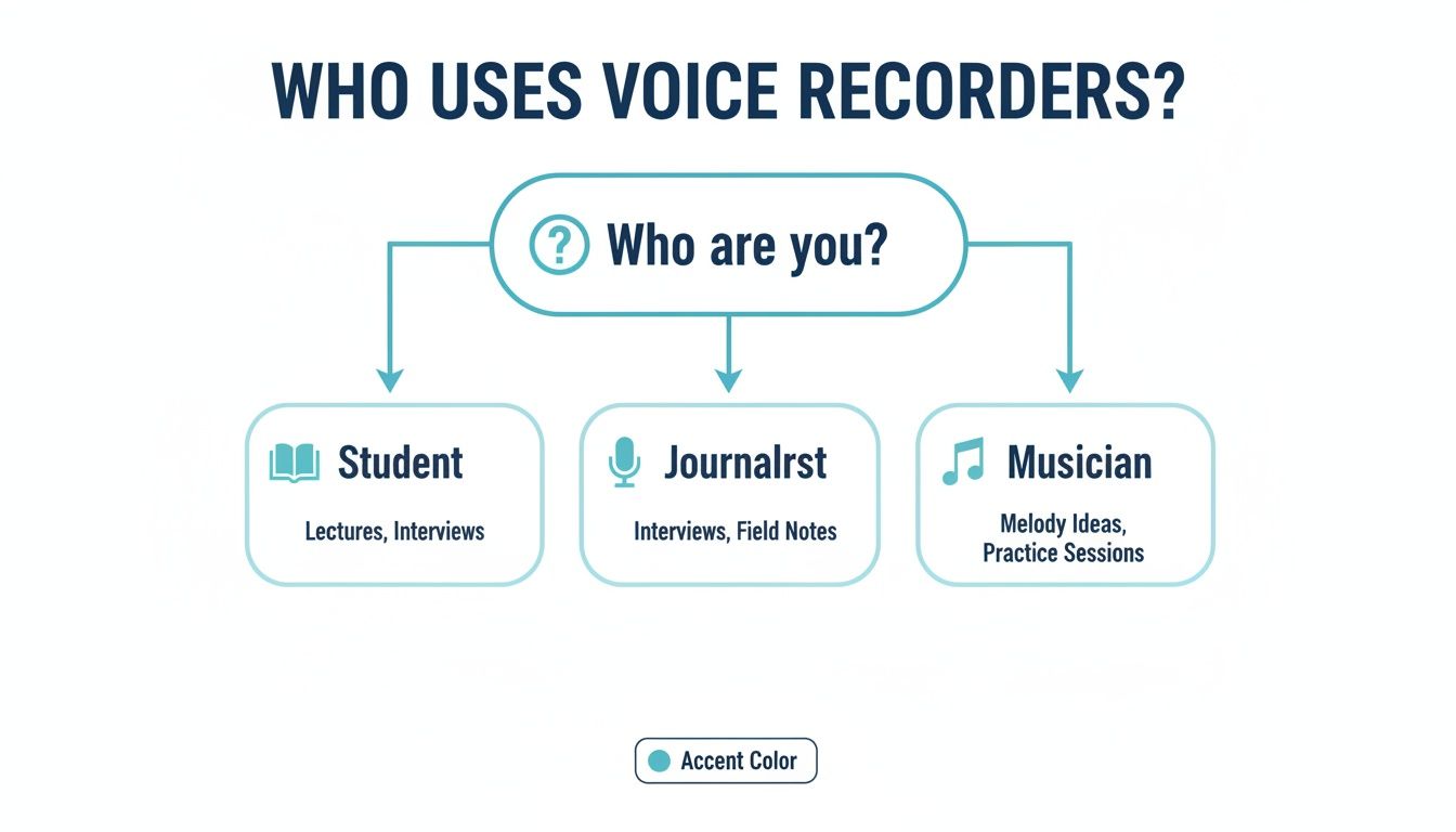 A flowchart showing who uses voice recorders: students, journalists, and musicians, along with their primary uses.