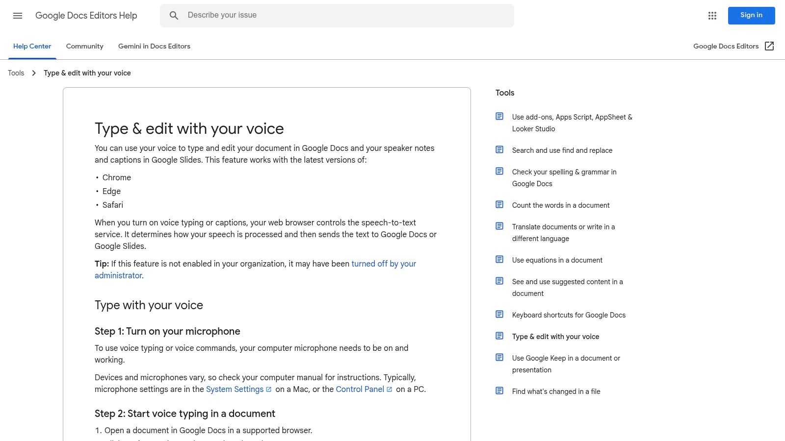 Google Docs — Voice Typing