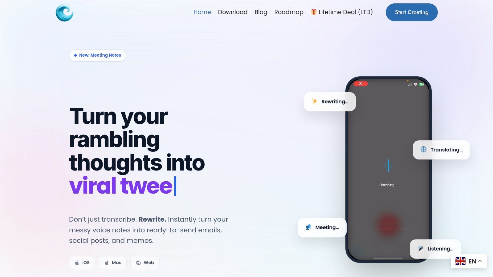 WriteVoice app interface on a mobile phone showing dictation in progress