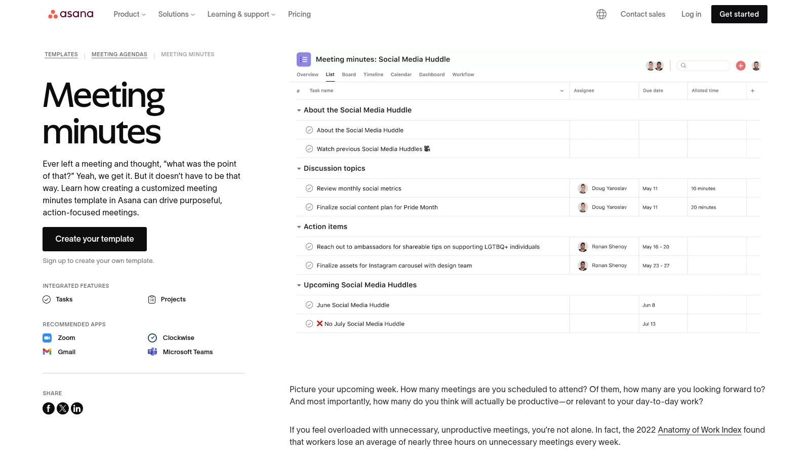 Asana meeting minutes/agenda templates