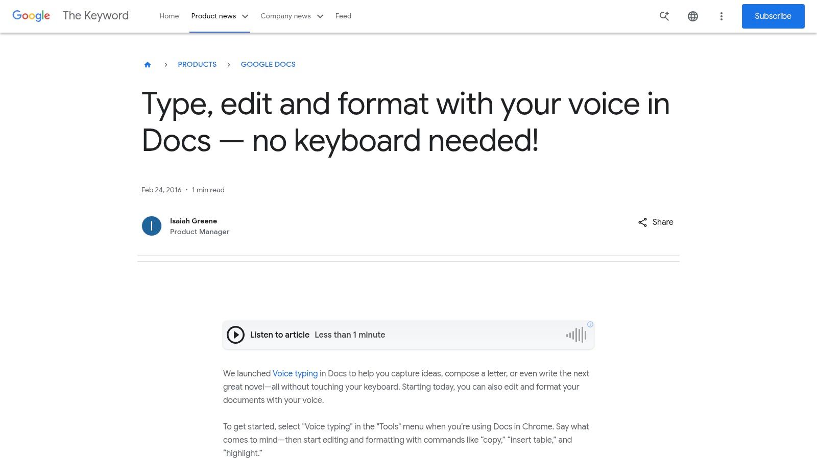 Google Docs — Voice Typing