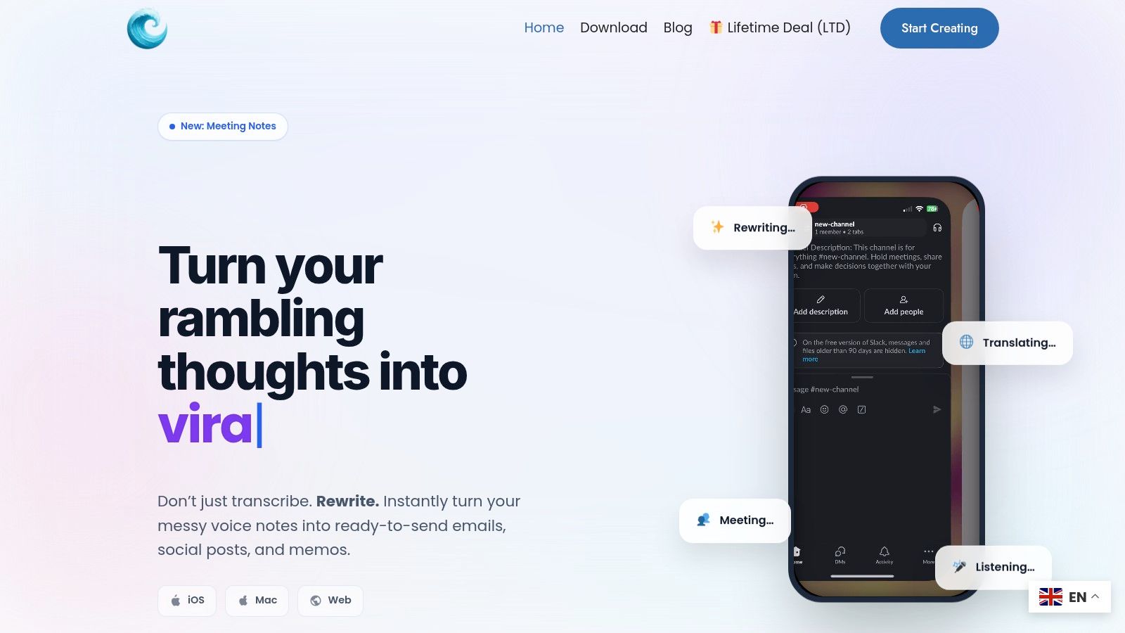 WriteVoice app interface showing its voice-to-text capabilities