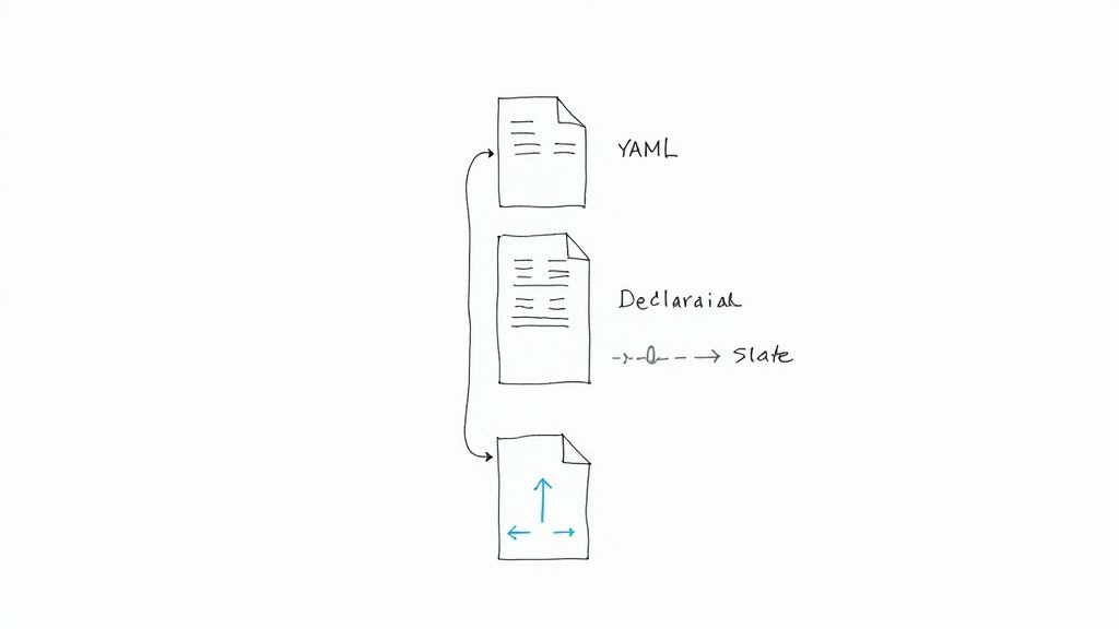 Hand-drawn diagram showing a workflow with YAML, Declaraiak, and a final document with directional arrows.