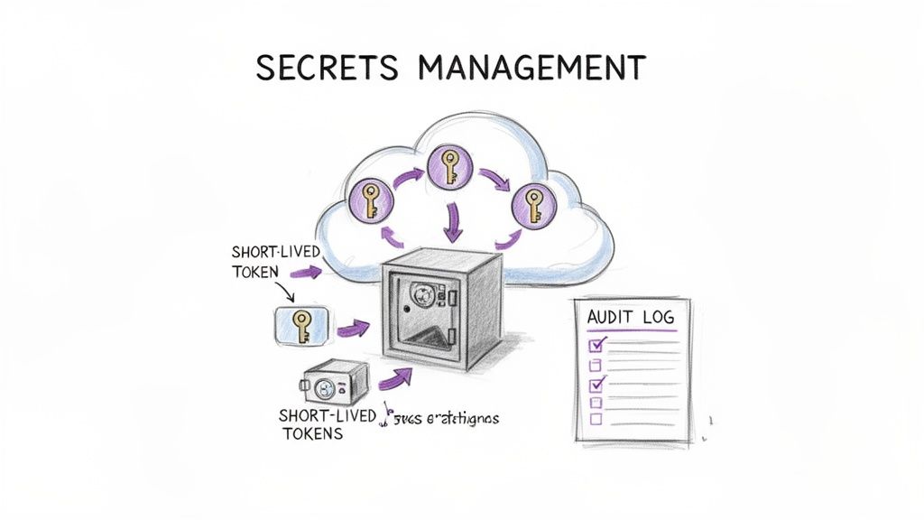 A diagram illustrating secrets management with cloud-based keys, a secure vault for short-lived tokens, and an audit log.