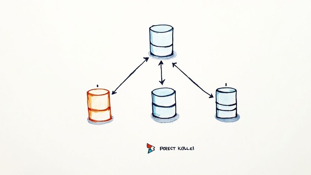 Diagram illustrating a central database connected to three replica databases, one distinctively orange.