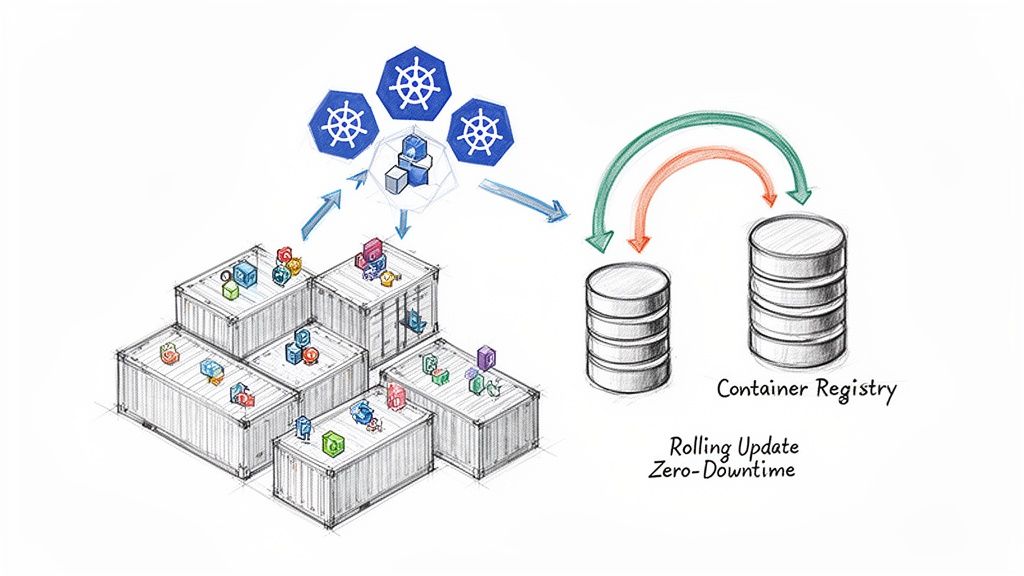 A diagram showing Kubernetes managing rolling updates of containerized applications from a container registry for zero-downtime deployments.