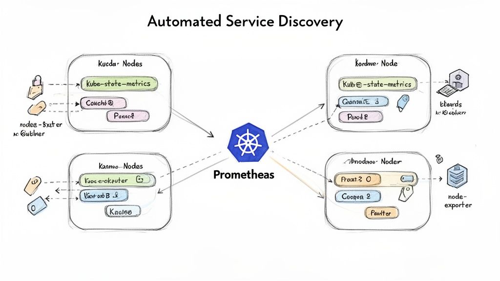 Diagram illustrating Prometheus and Kubernetes for automated service discovery across multiple nodes and metrics.