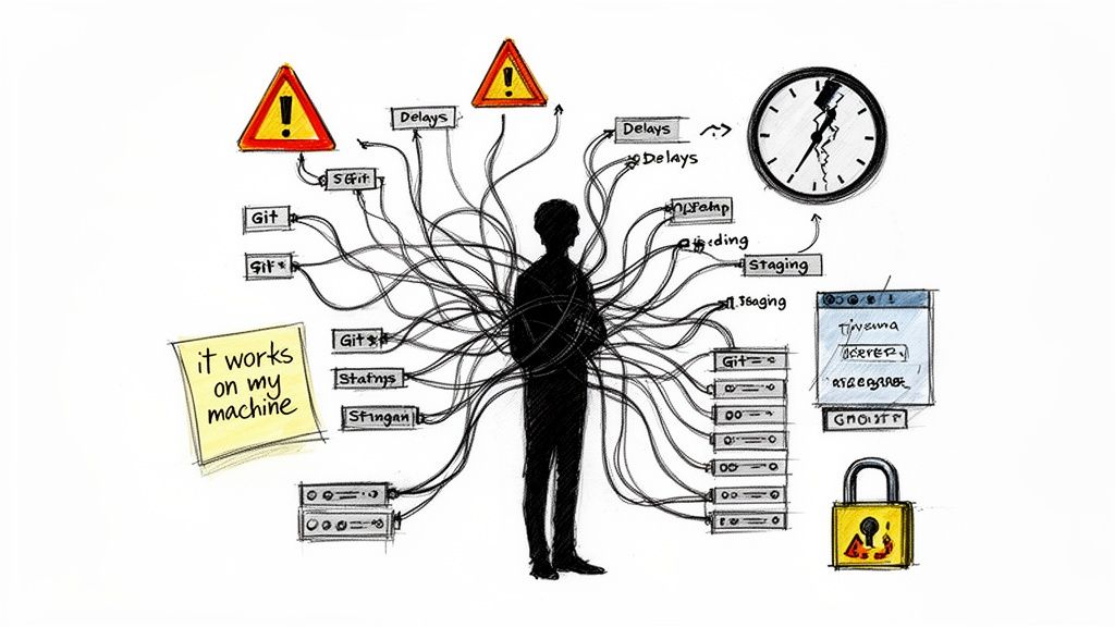 A silhouette of a person tangled in wires connected to various software development and CI/CD challenges.