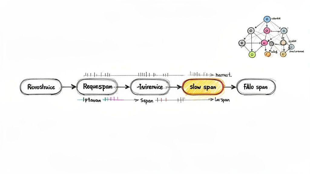 A diagram illustrating a monitoring or tracing process flow with multiple steps, including a highlighted 'slow span' and a network graph.